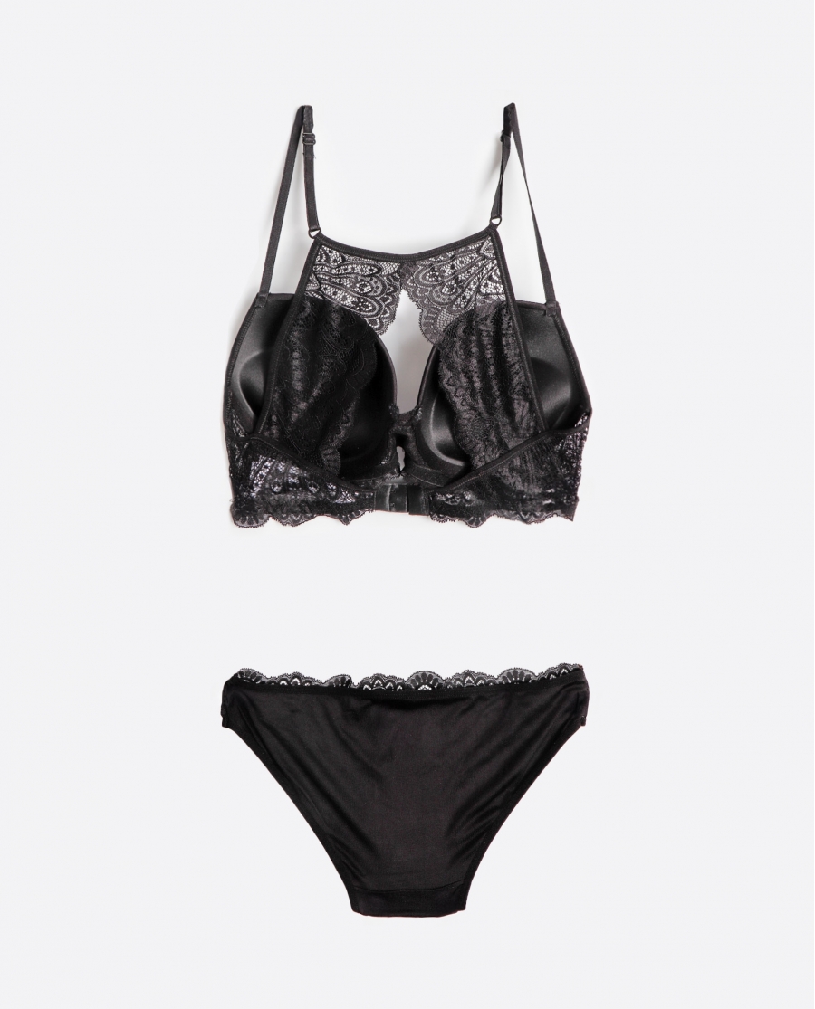 ADMAS Conjunto Sujetador Push Up y Braguita Ondas para Mujer NEGRO