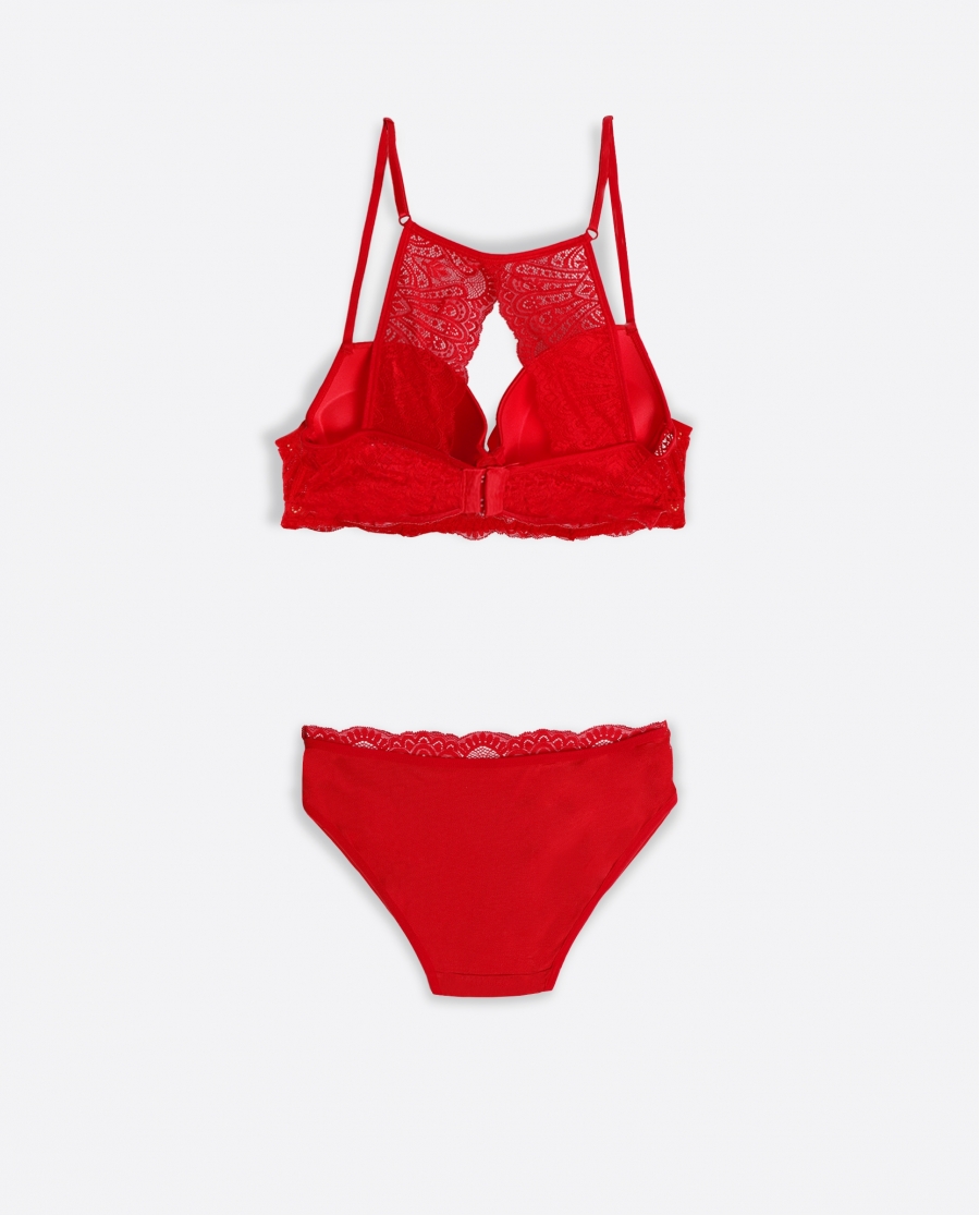 ADMAS Conjunto Sujetador Push Up y Braguita Ondas para Mujer ROJO