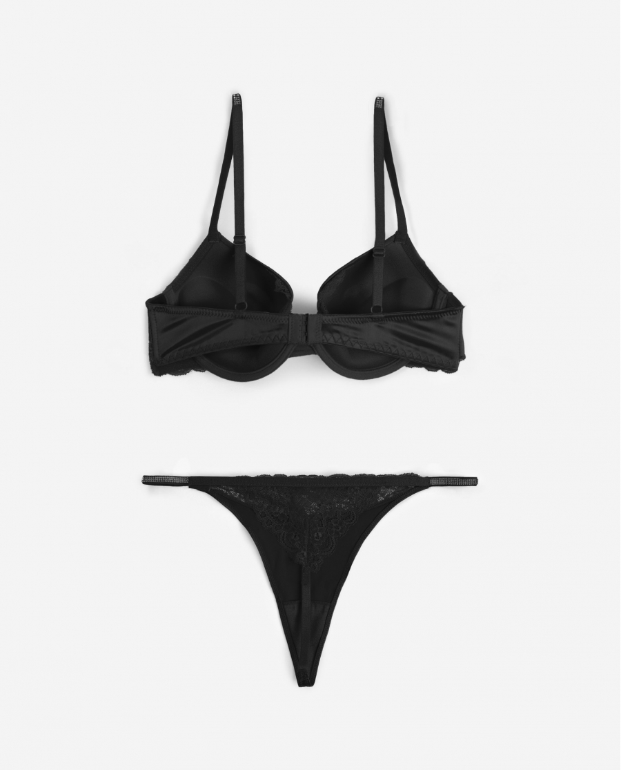 ADMAS Conjunto Sujetador Push Up y Tanga Night Fever para Mujer NEGRO