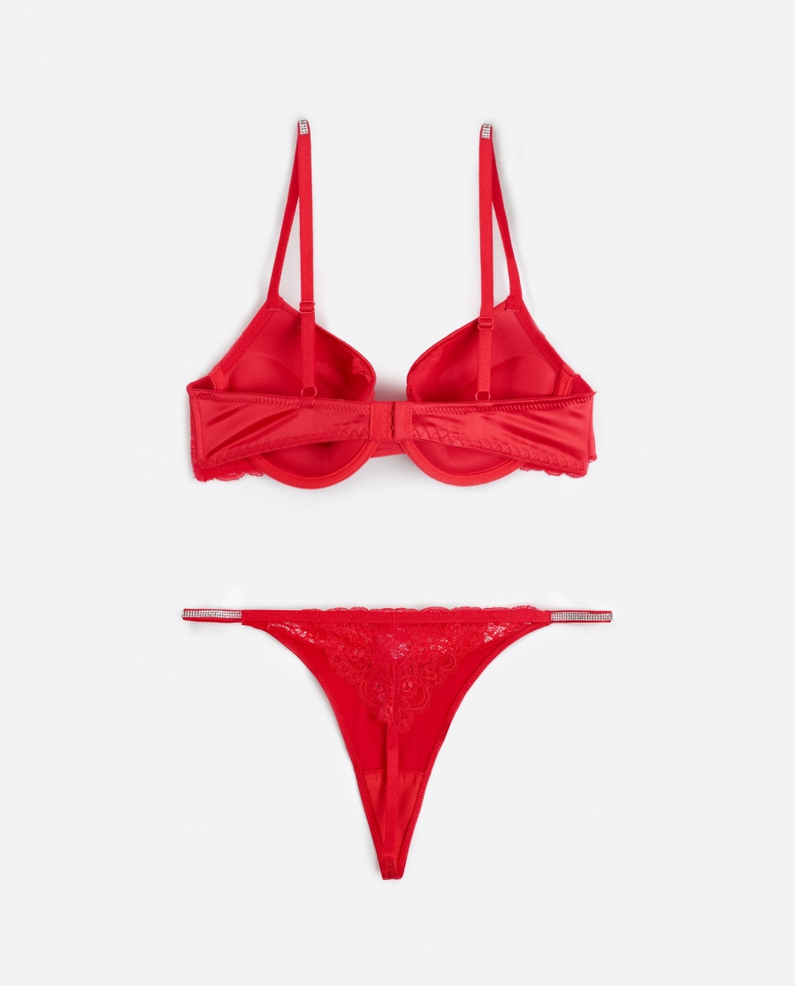ADMAS Conjunto Sujetador Push Up y Tanga Night Fever para Mujer ROJO