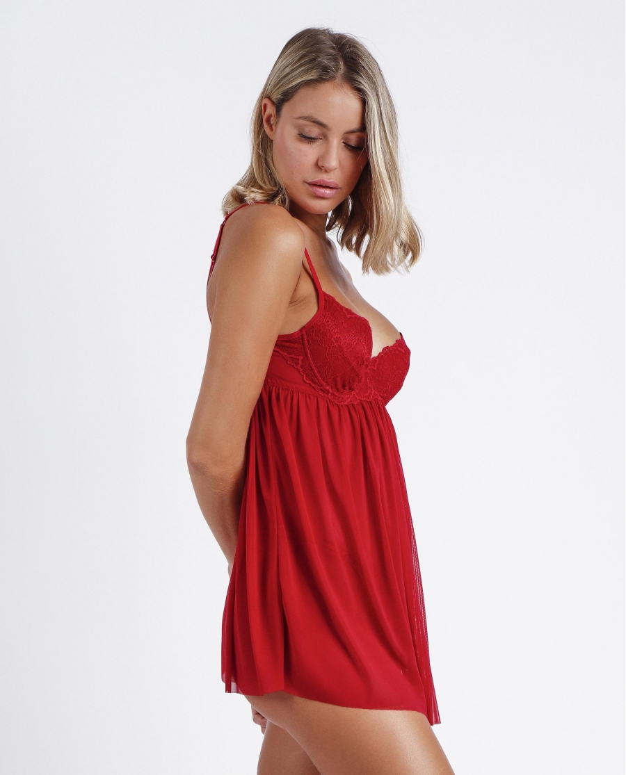 ADMAS Conjunto Tentación y Tanga Sexy Night para Mujer ROJO RUBÍ