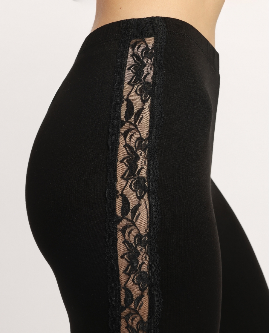 ADMAS Leggings Elástico Largo Puntilla Lencera para Mujer NEGRO