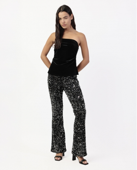 ADMAS Pantalón Elástico Campana Lentejuelas para Mujer NEGRO