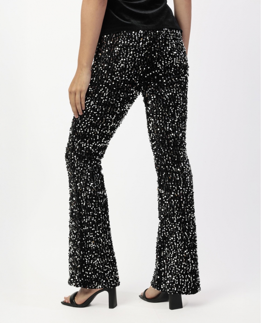 ADMAS Pantalón Elástico Campana Lentejuelas para Mujer NEGRO
