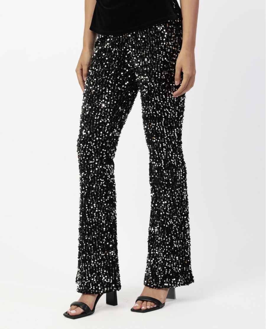 ADMAS Pantalón Elástico Campana Lentejuelas para Mujer NEGRO