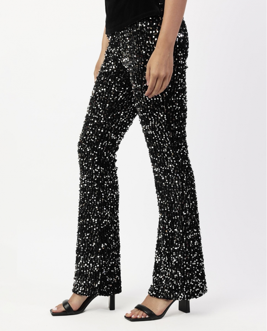 ADMAS Pantalón Elástico Campana Lentejuelas para Mujer NEGRO
