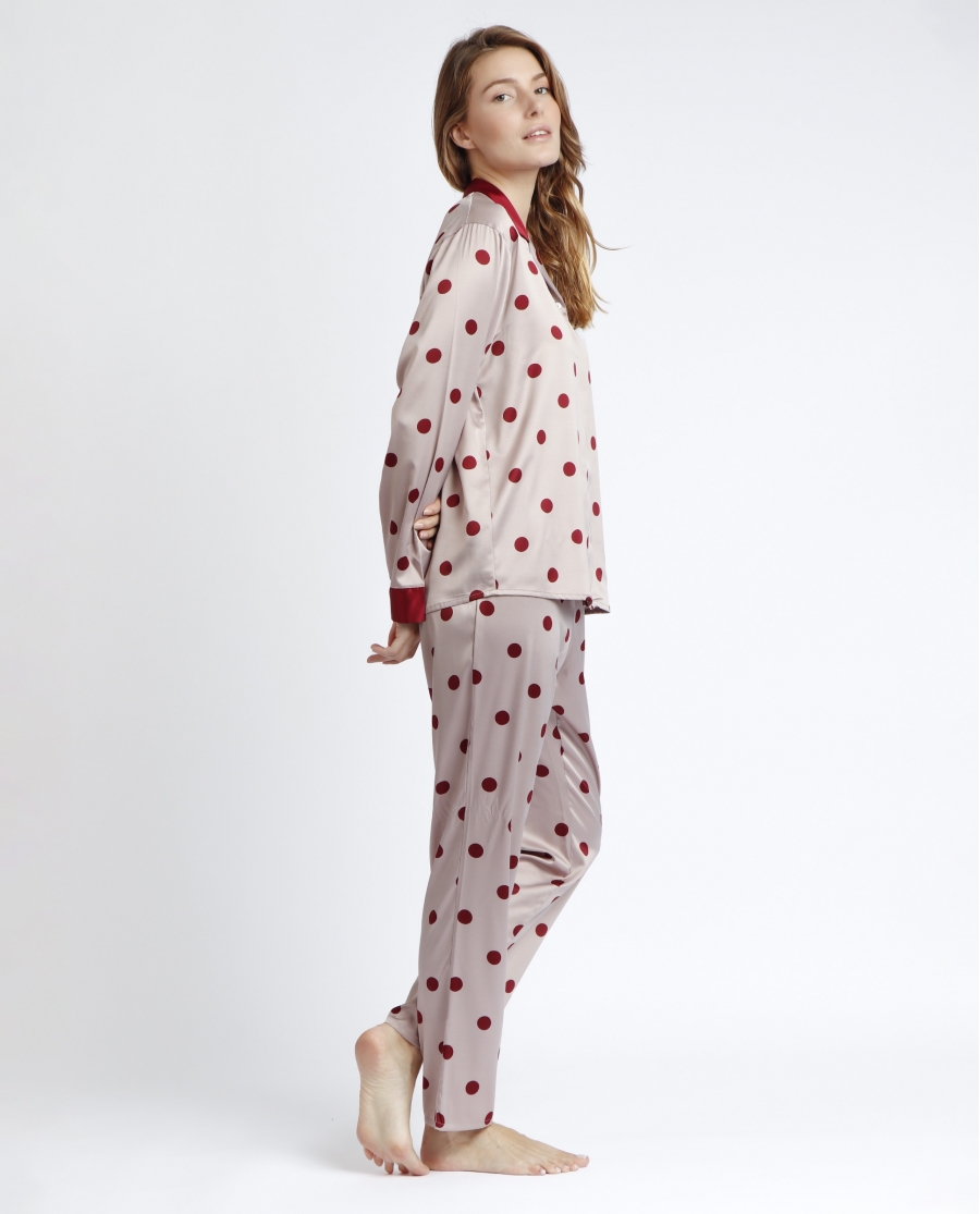 ADMAS CLASSIC Pijama Abierto Manga Larga Satin Elegant Dots para Mujer BURDEOS