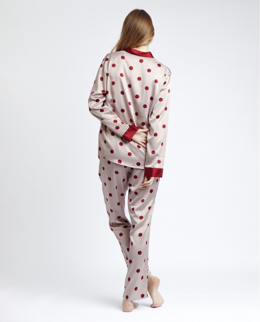 ADMAS CLASSIC Pijama Abierto Manga Larga Satin Elegant Dots para Mujer BURDEOS