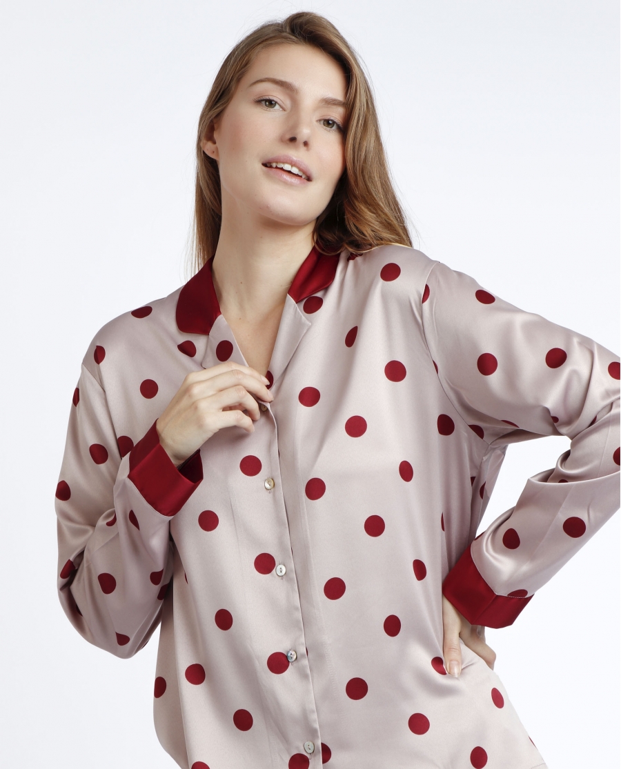 ADMAS CLASSIC Pijama Abierto Manga Larga Satin Elegant Dots para Mujer BURDEOS