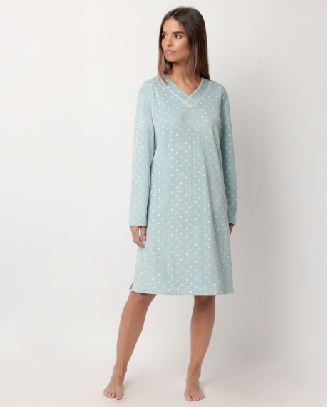 ADMAS CLASSIC Camisola Manga Larga Velvet Pico Dots Lace para Mujer VERDE AGUA