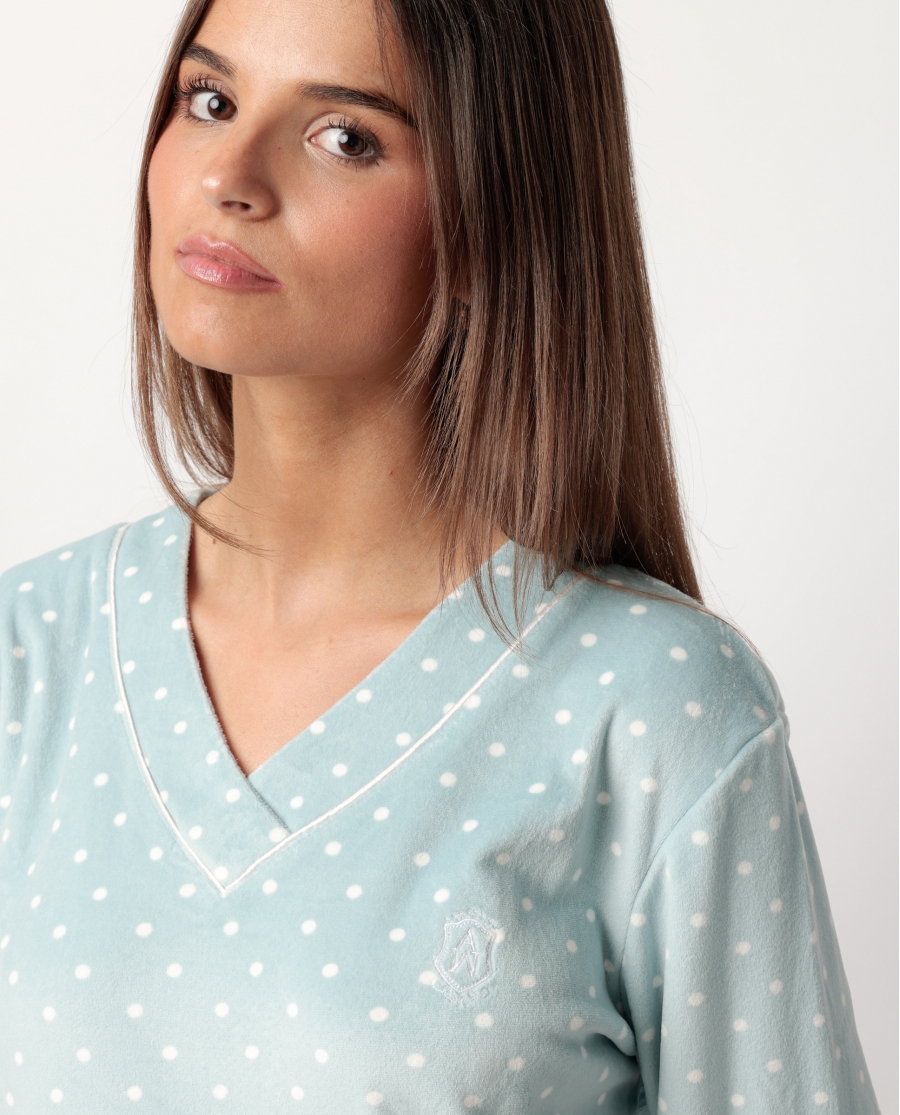 ADMAS CLASSIC Camisola Manga Larga Velvet Pico Dots Lace para Mujer VERDE AGUA