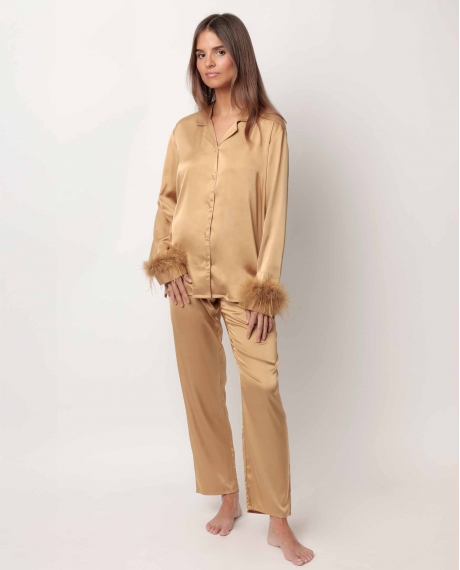 ADMAS LUXURY Pijama Abierto Manga Larga Plumas Marabu Luxe para Mujer ORO