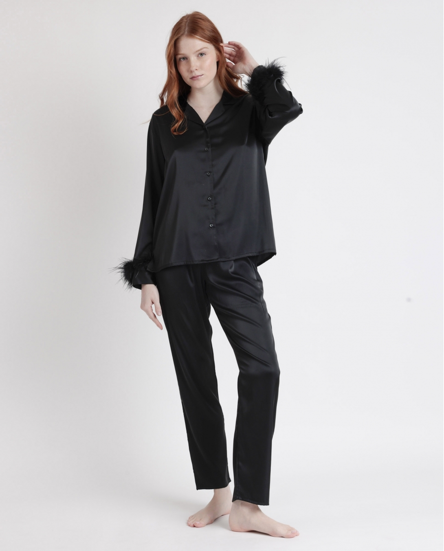 ADMAS LUXURY Pijama Abierto Manga Larga Plumas Marabu Luxe para Mujer NEGRO