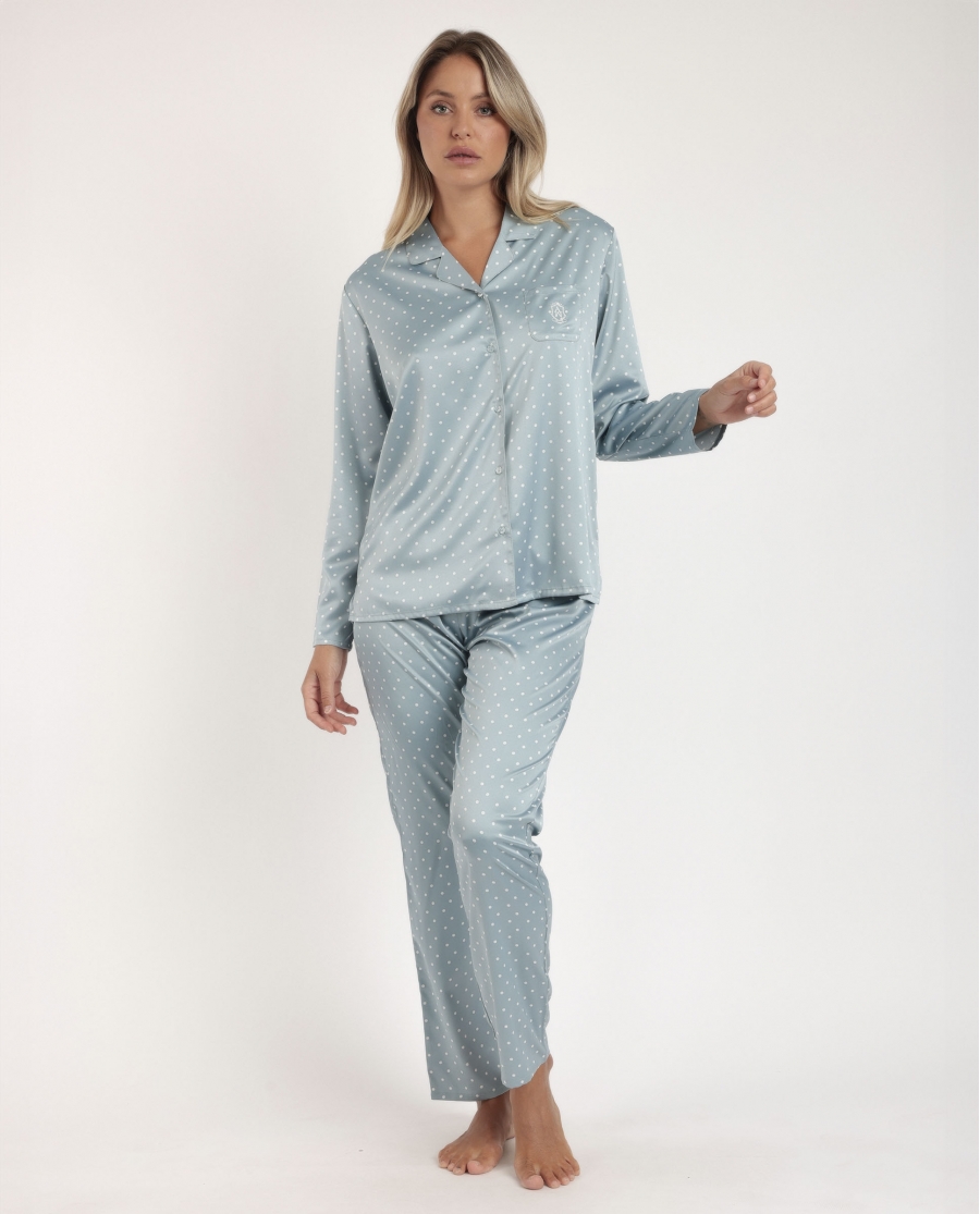 ADMAS CLASSIC Pijama Novia Abierto Manga Larga Dots Lace para Mujer VERDE AGUA