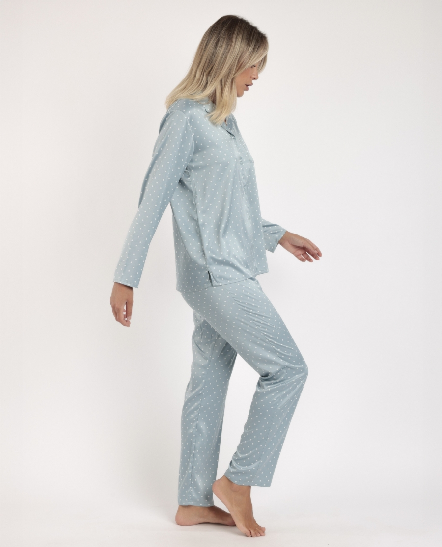 ADMAS CLASSIC Pijama Novia Abierto Manga Larga Dots Lace para Mujer VERDE AGUA
