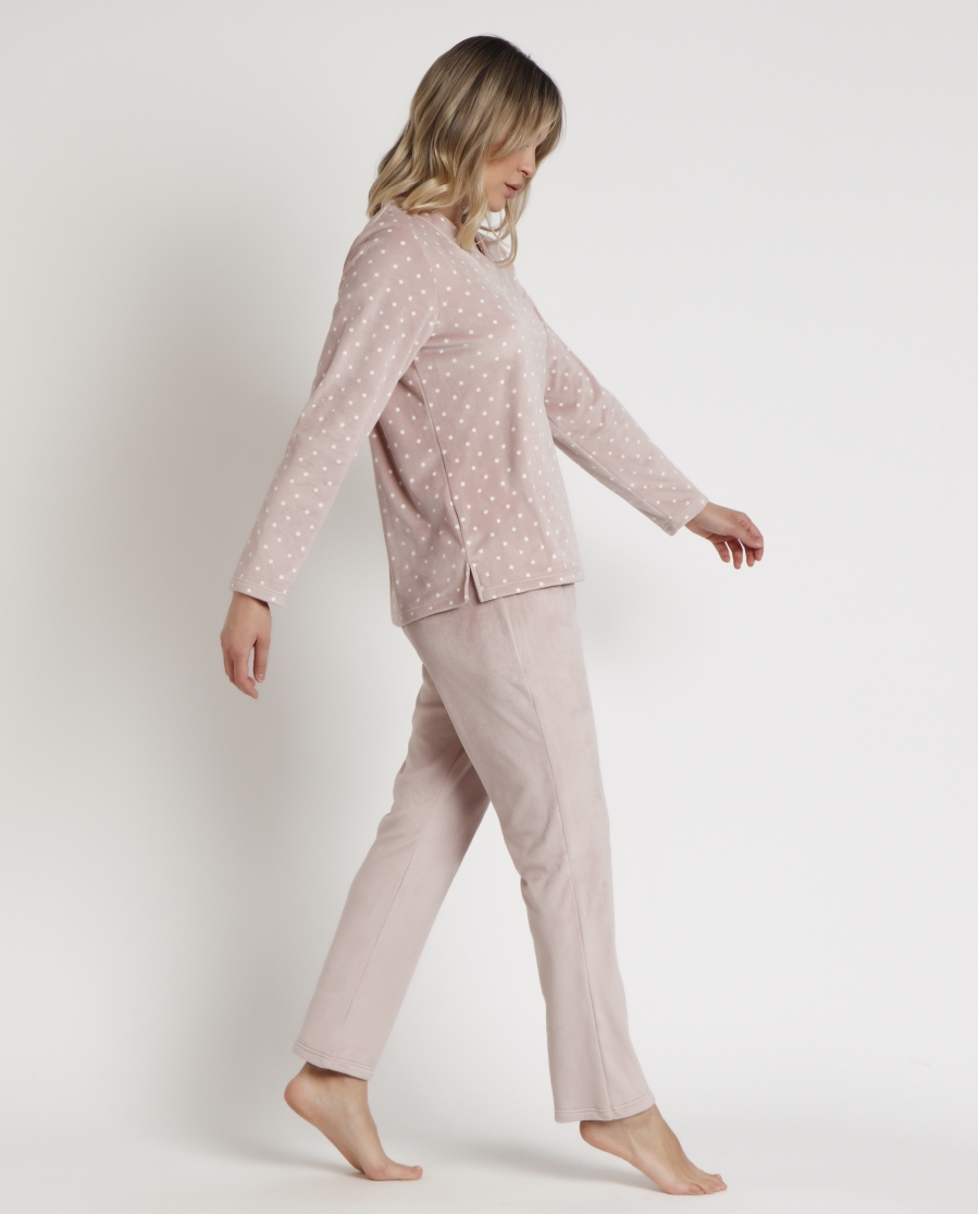 ADMAS CLASSIC Pijama Manga Larga Velvet Pico Dots Lace para Mujer PIEDRA