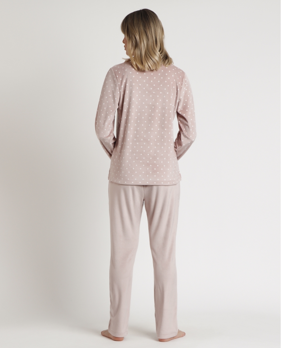 ADMAS CLASSIC Pijama Manga Larga Velvet Pico Dots Lace para Mujer PIEDRA