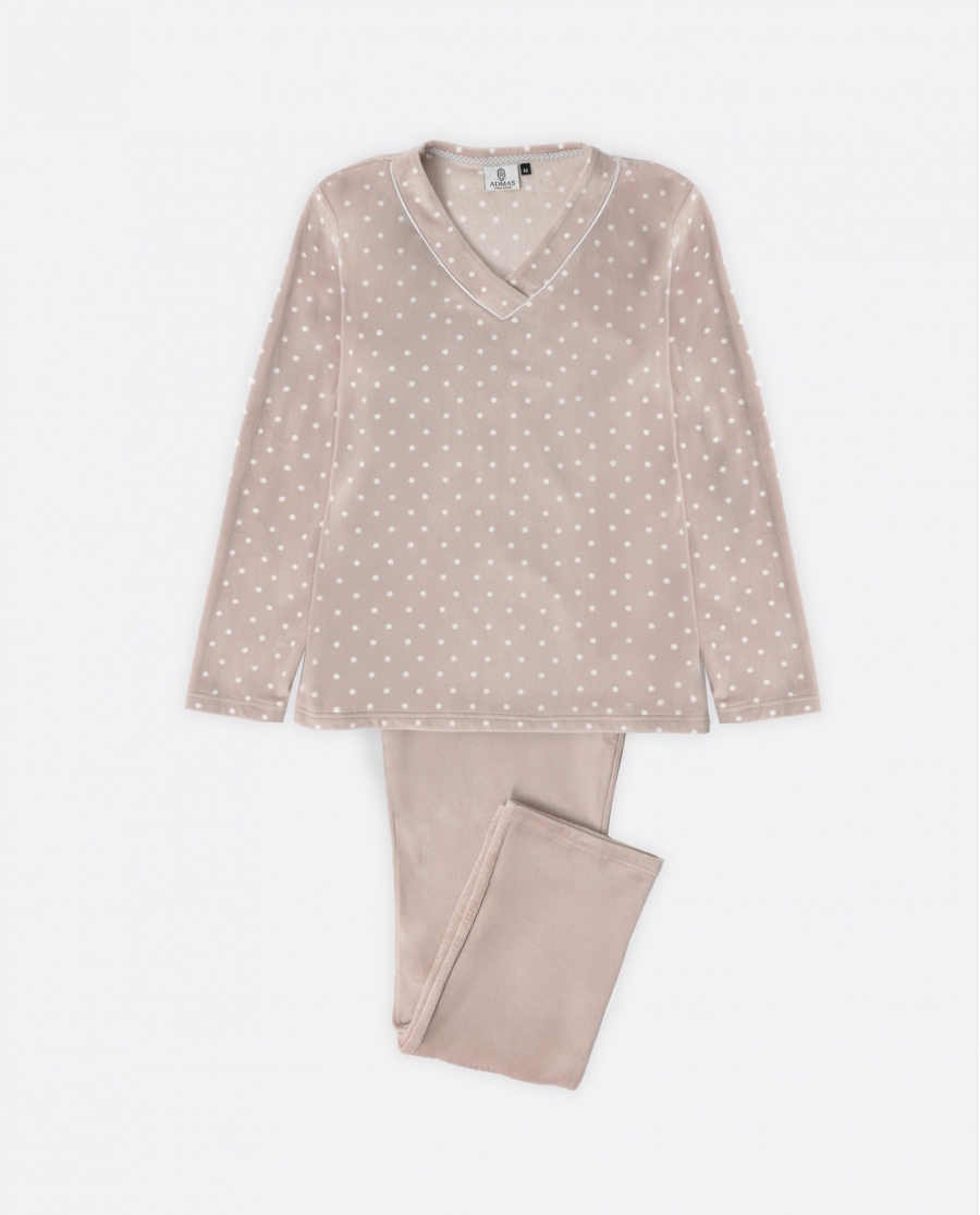 ADMAS CLASSIC Pijama Manga Larga Velvet Pico Dots Lace para Mujer PIEDRA