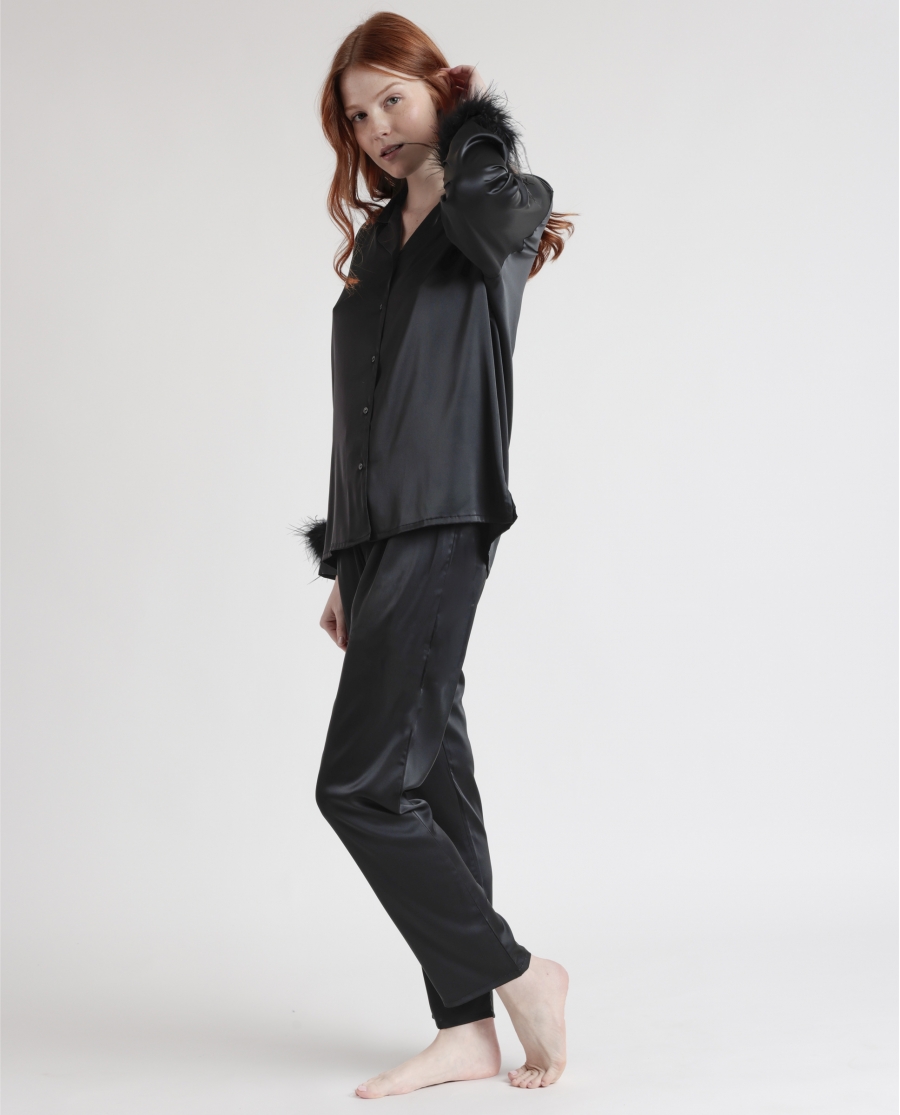 ADMAS CLASSIC Pijama Abierto Manga Larga Plumas Marabu Christmas Luxe para Mujer NEGRO