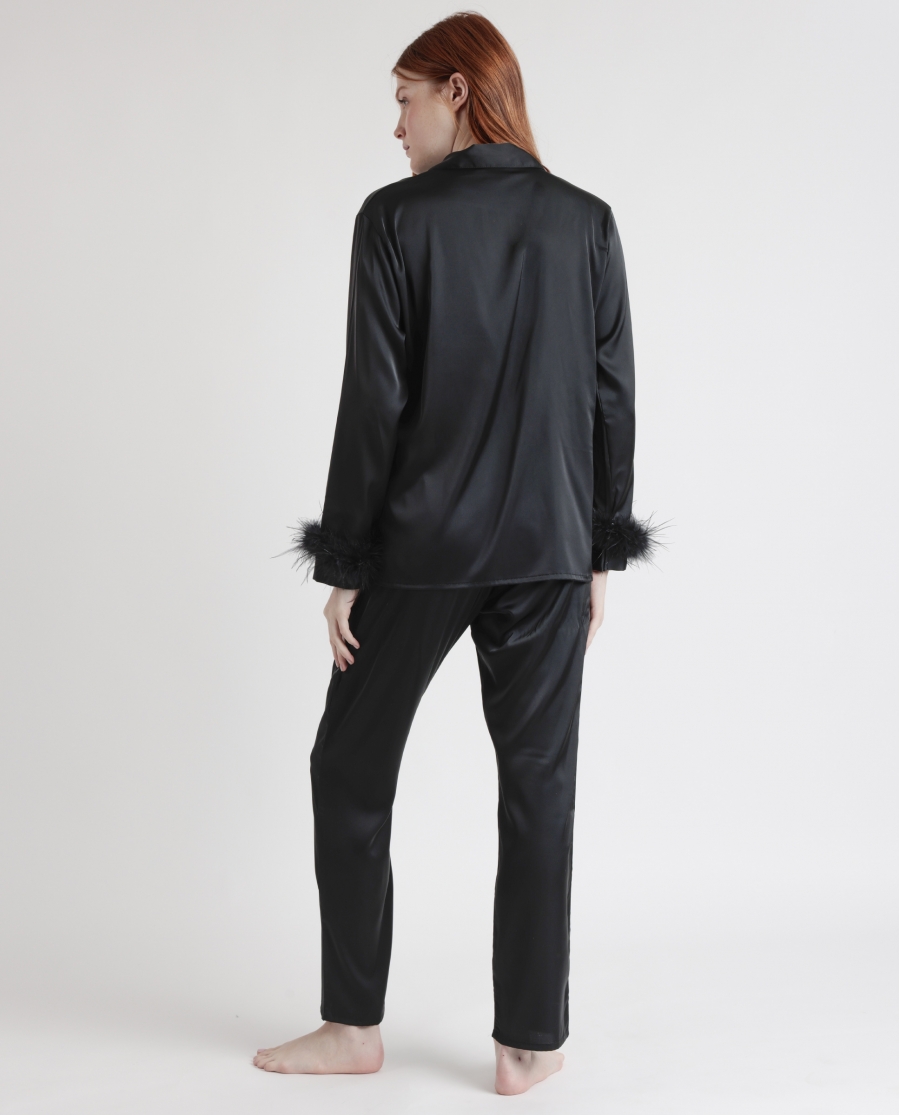 ADMAS CLASSIC Pijama Abierto Manga Larga Plumas Marabu Christmas Luxe para Mujer NEGRO