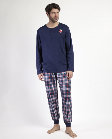 PEANUTS Pijama Manga Larga Tapeta Let It Snow para Hombre MARINO