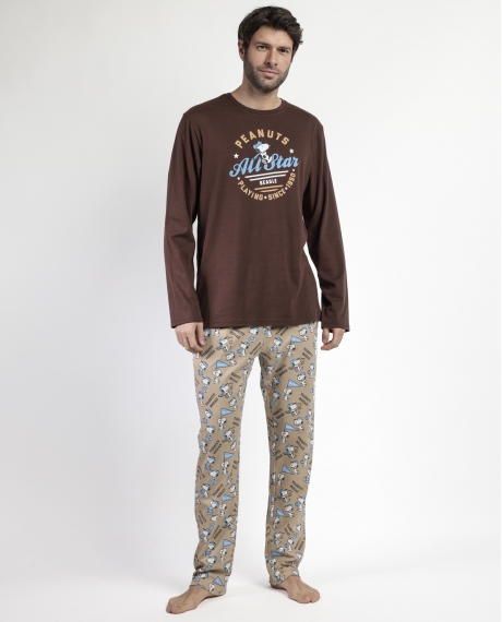 PEANUTS Pijama Manga Larga Varsity Squad para Hombre CHOCOLATE