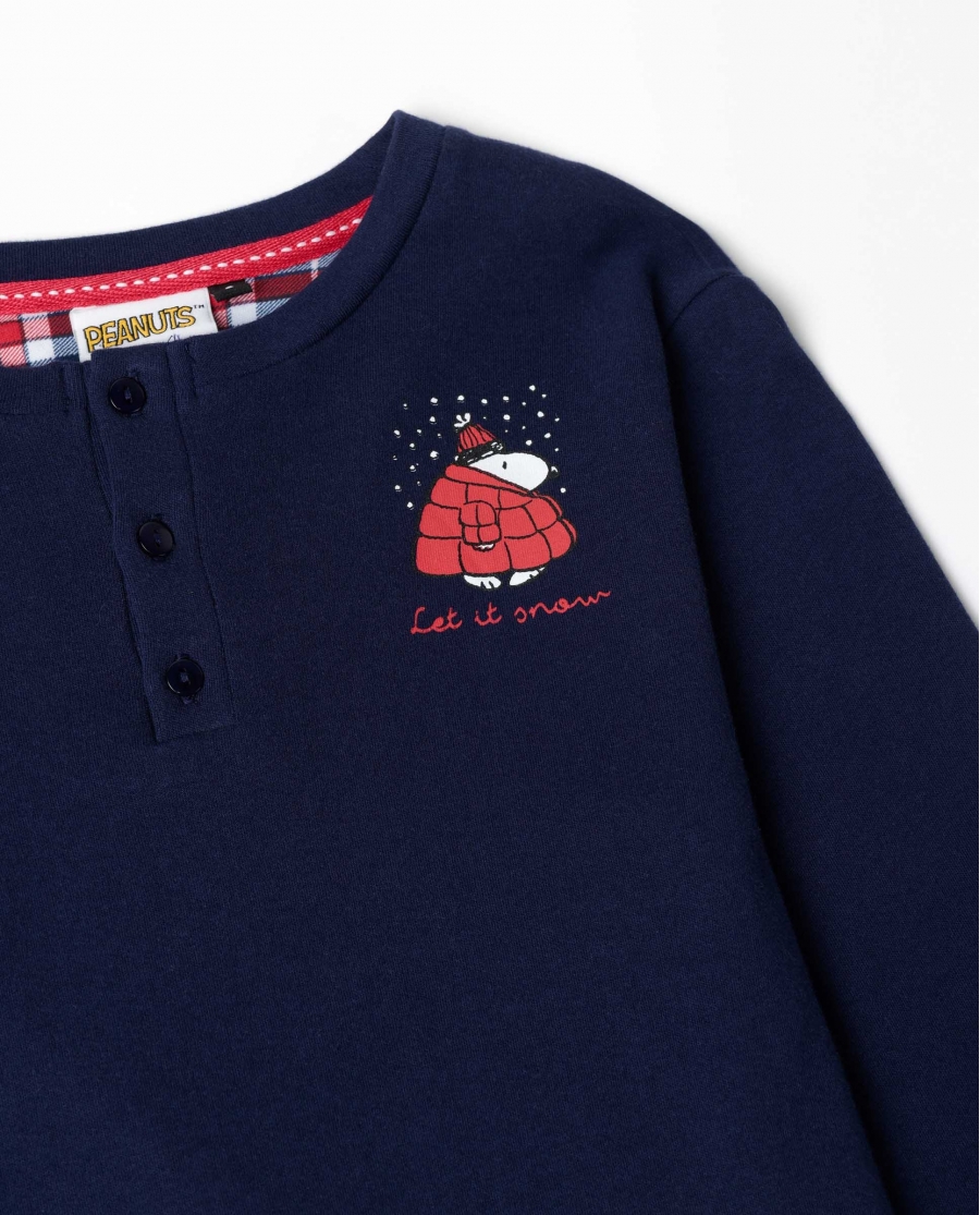 PEANUTS Pijama Manga Larga Tapeta Let It Snow para Niño MARINO