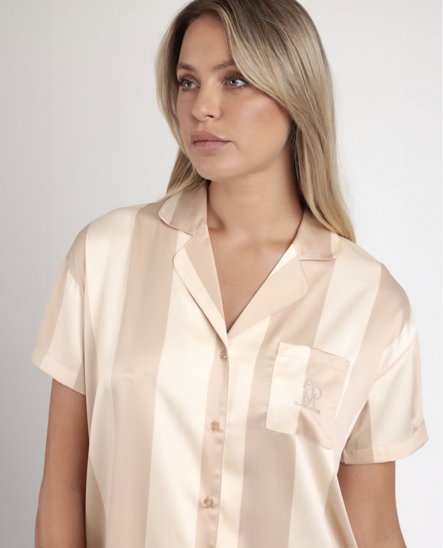 ADMAS CLASSIC Pijama Abierto Manga Corta Luxe Stripes para Mujer ORO