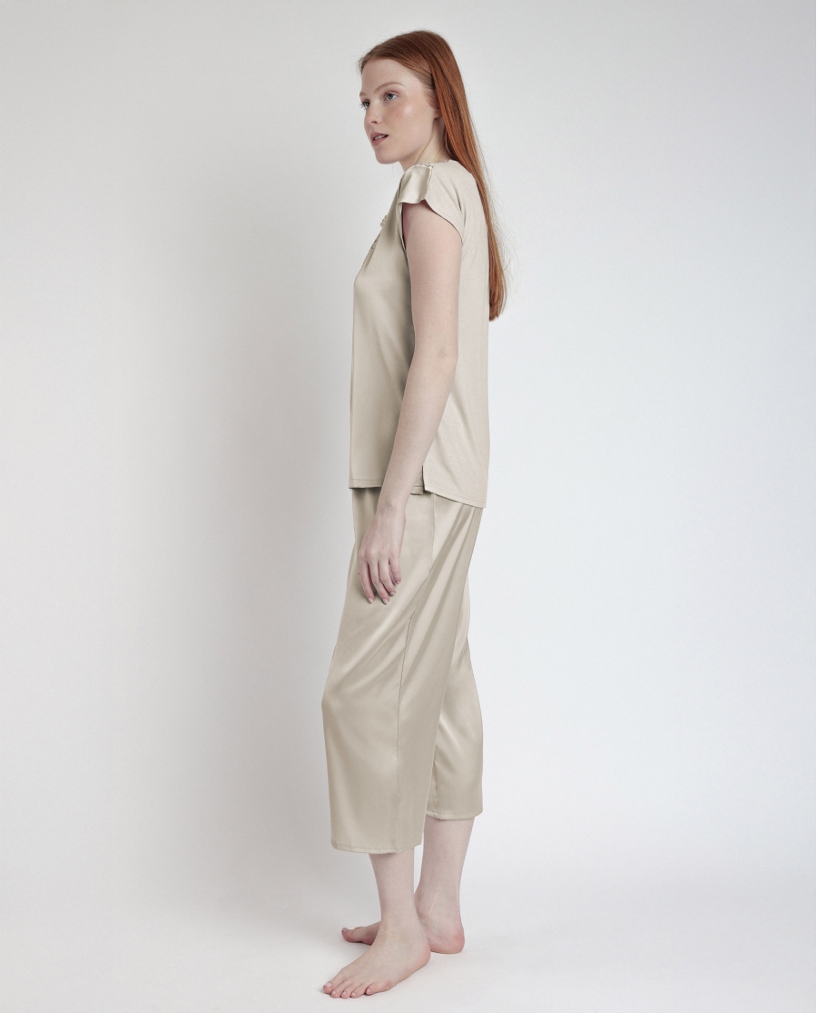 ADMAS CLASSIC Pijama Manga Caída Satin And Guipur para Mujer CAVA