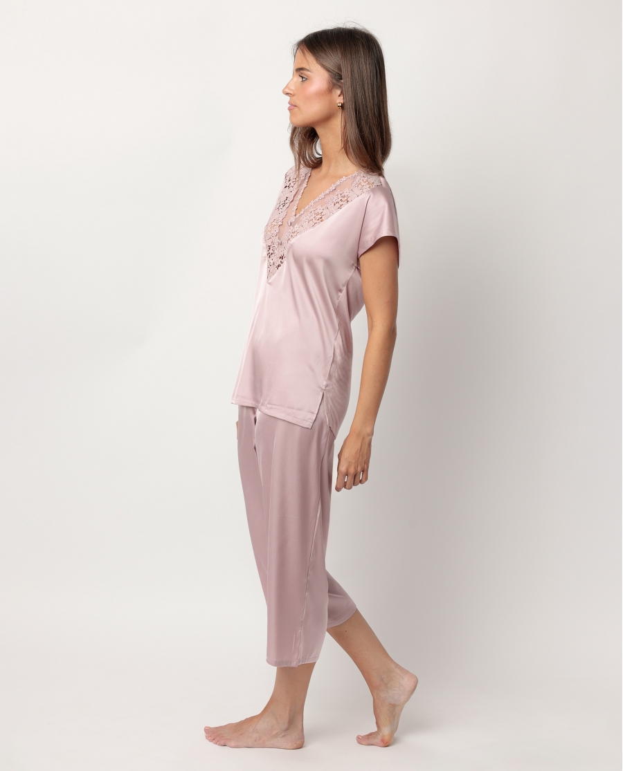 ADMAS CLASSIC Pijama Manga Caída Satin And Guipur para Mujer MALVA