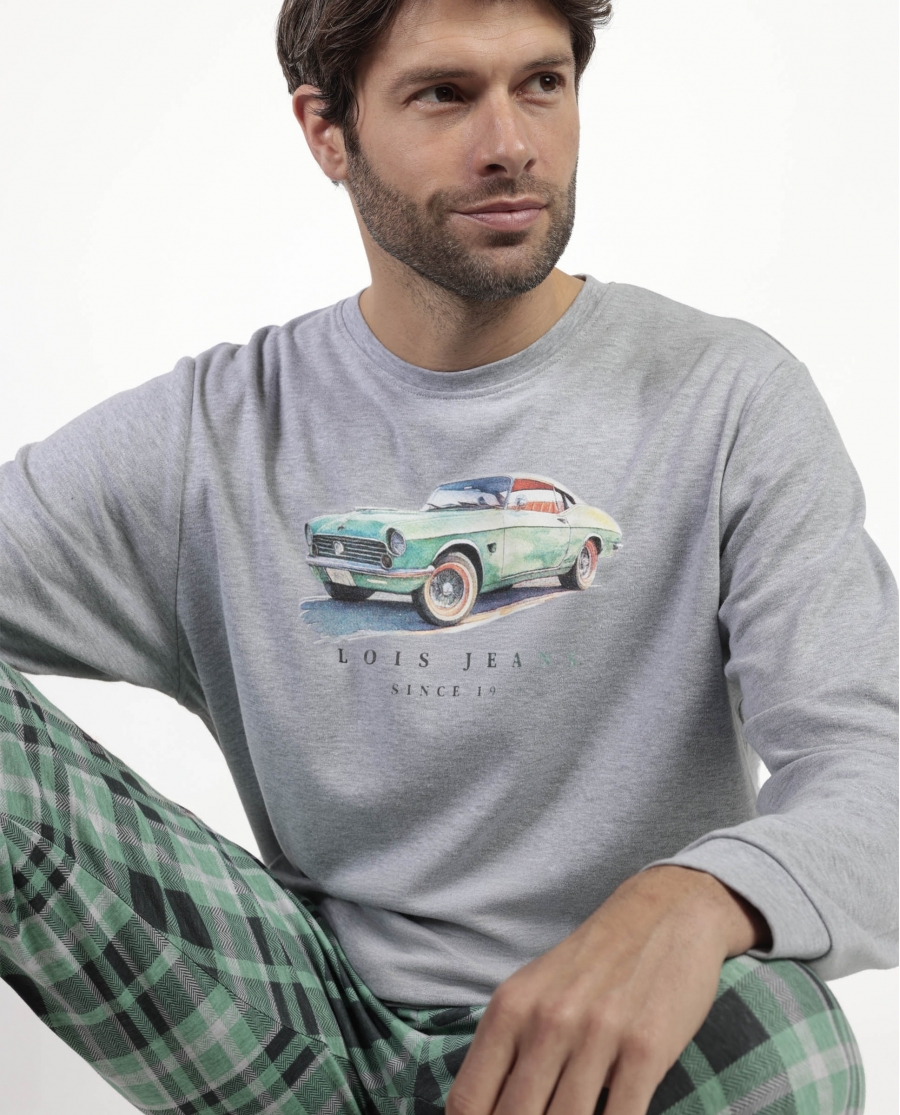 LOIS Pijama Manga Larga Felpa Vintage Car para Hombre GRIS JASPE