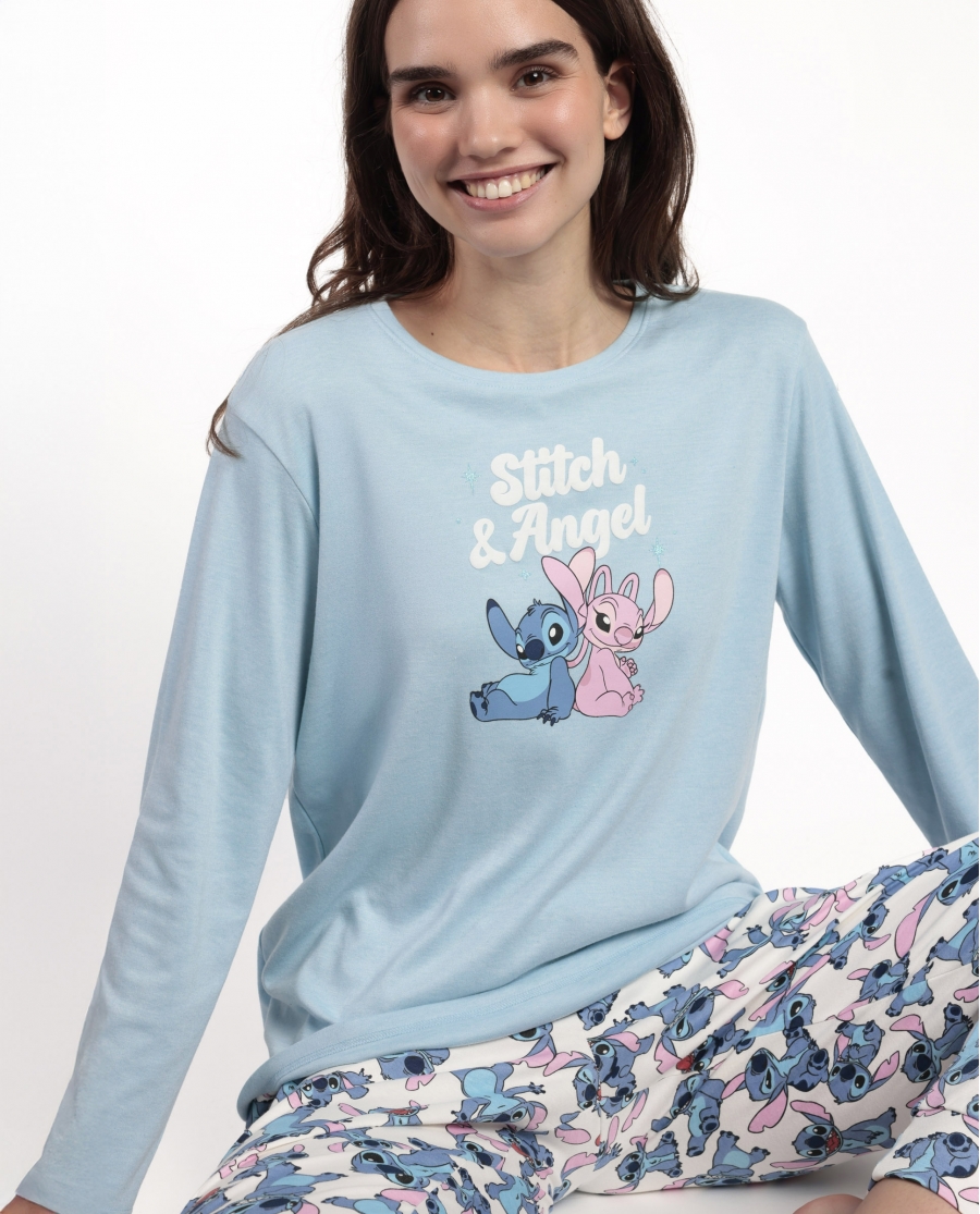 DISNEY Pijama Manga Larga Stitch Angel para Mujer AZUL