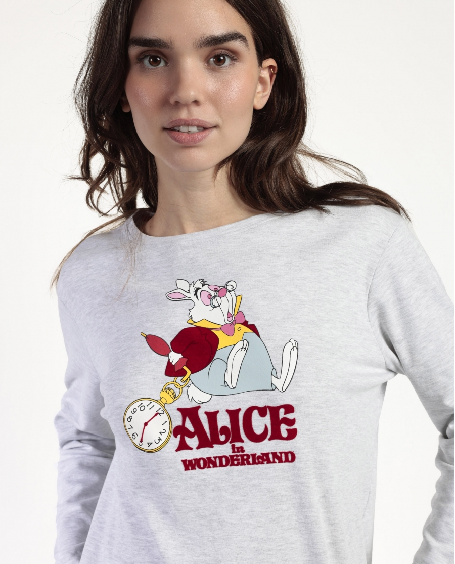 DISNEY Pijama Manga Larga Alice in Wonderland para Mujer GRIS JASPE
