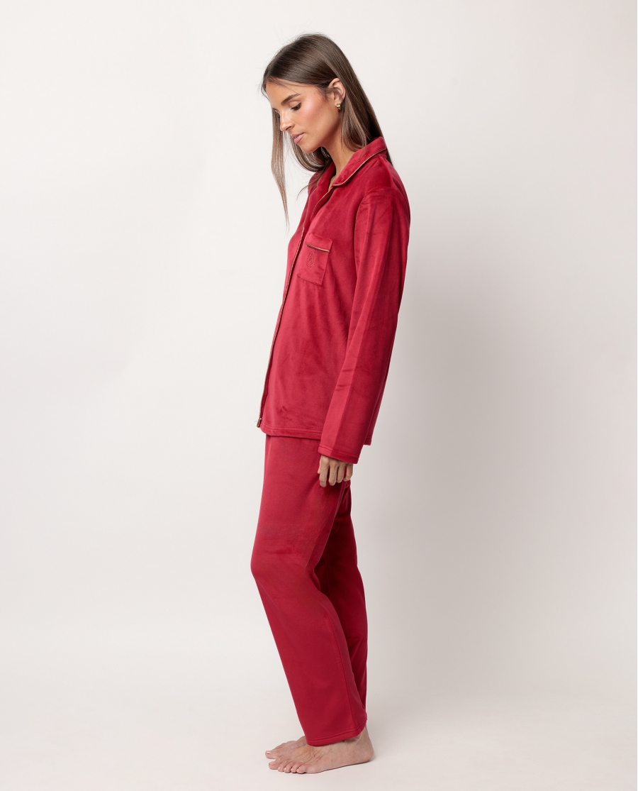 ADMAS CLASSIC Pijama Manga Larga Abierto Terciopelo Velvet Luxe para Mujer ROJO