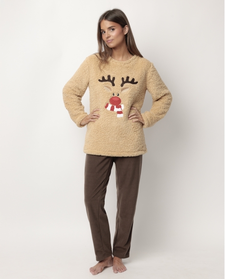 ADMAS Pijama Manga Larga Calentito Reindeer para Mujer CAMEL
