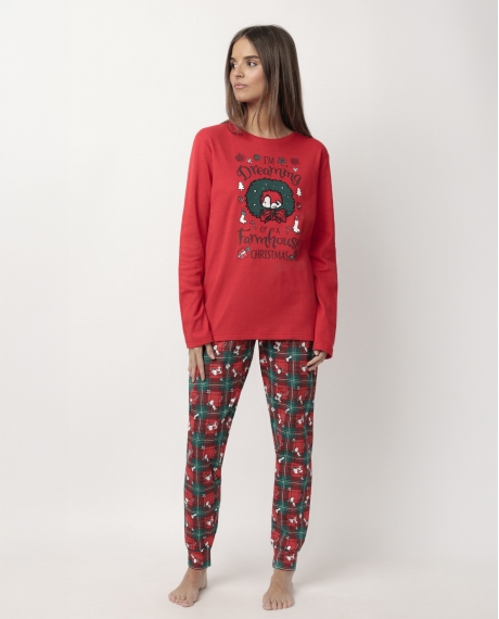 PEANUTS Pijama Manga Larga Reindeer Crossing para Mujer ROJO