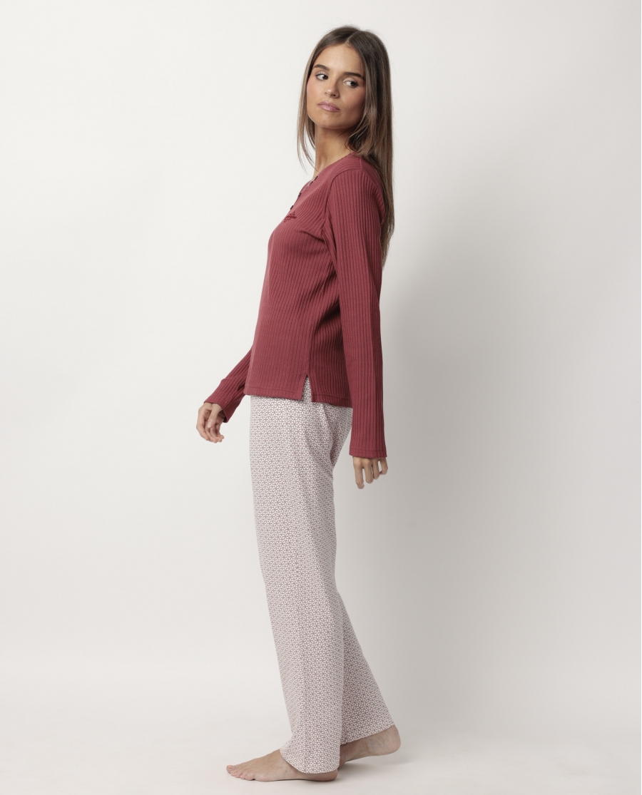 STAY AT HOME Pijama Manga Larga Tapeta Geometric Flower para Mujer BURDEOS