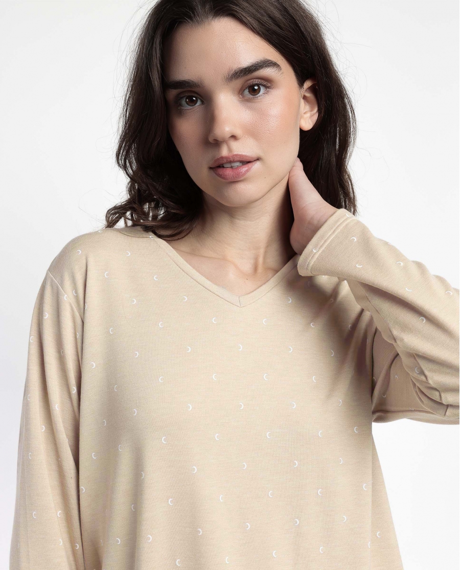 ADMAS HOME Pijama Manga Larga Pico Moons para Mujer BEIGE