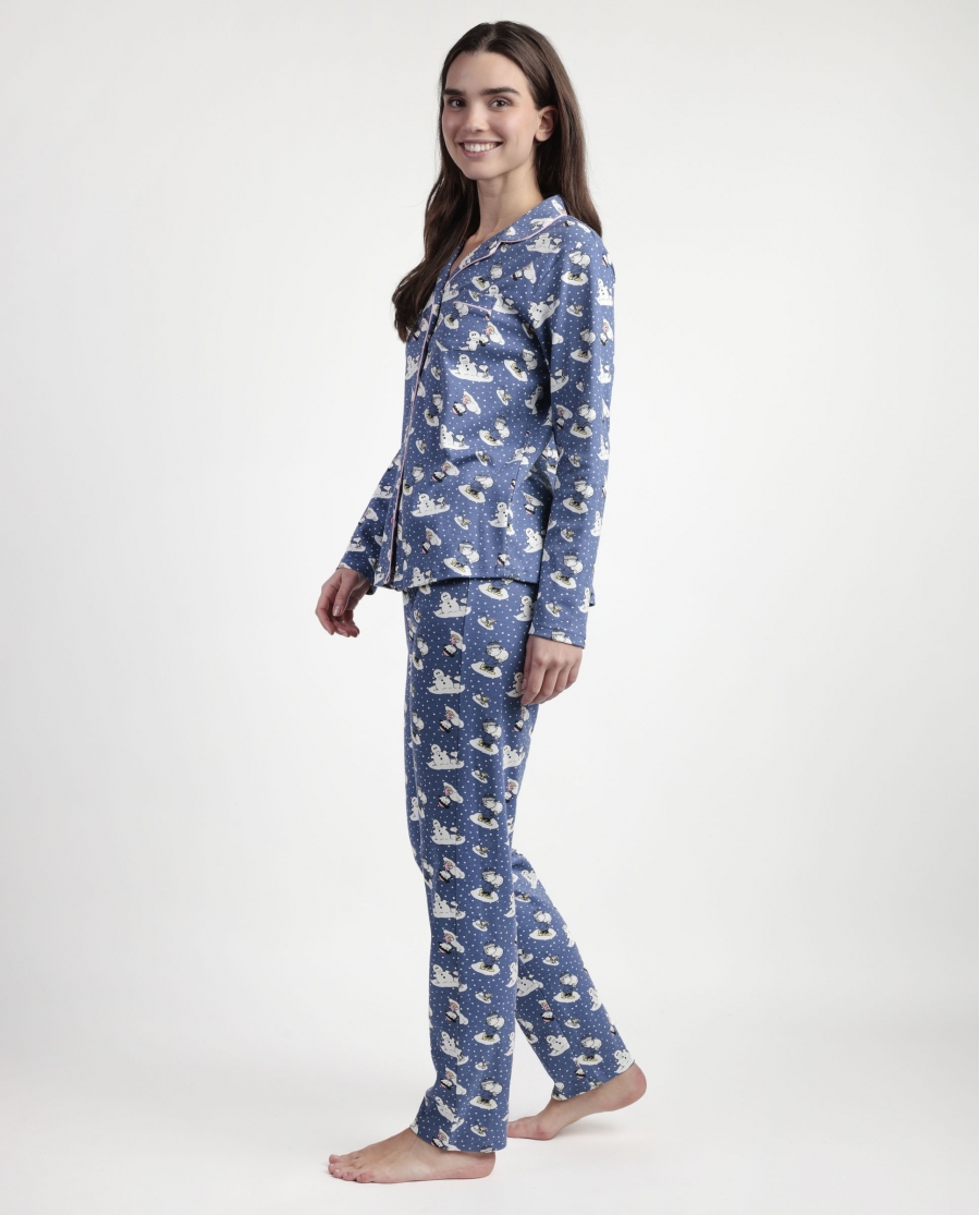 PEANUTS Pijama Manga Larga Abierto Snow Drift para Mujer AZUL