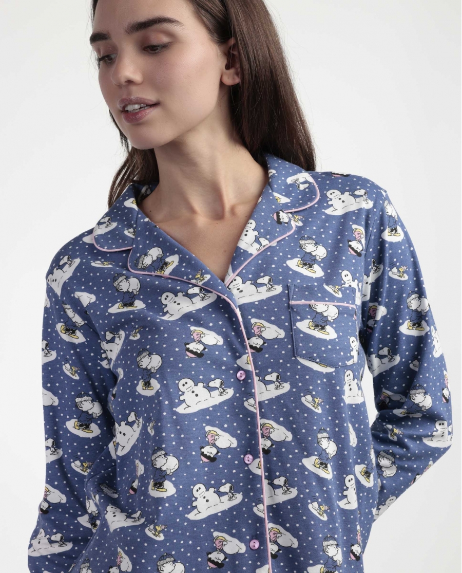 PEANUTS Pijama Manga Larga Abierto Snow Drift para Mujer AZUL