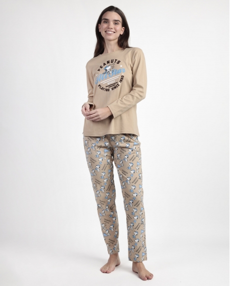 PEANUTS Pijama Manga Larga Varsity Squad para Mujer CAMEL