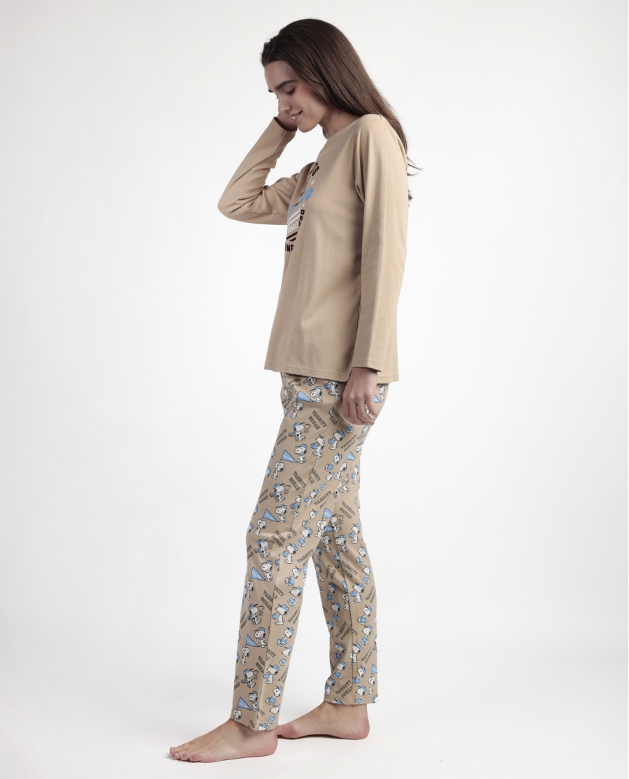 PEANUTS Pijama Manga Larga Varsity Squad para Mujer CAMEL