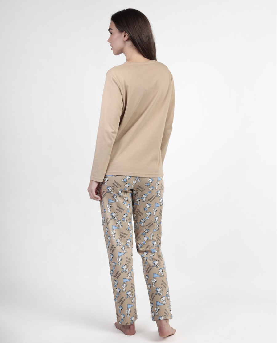 PEANUTS Pijama Manga Larga Varsity Squad para Mujer CAMEL