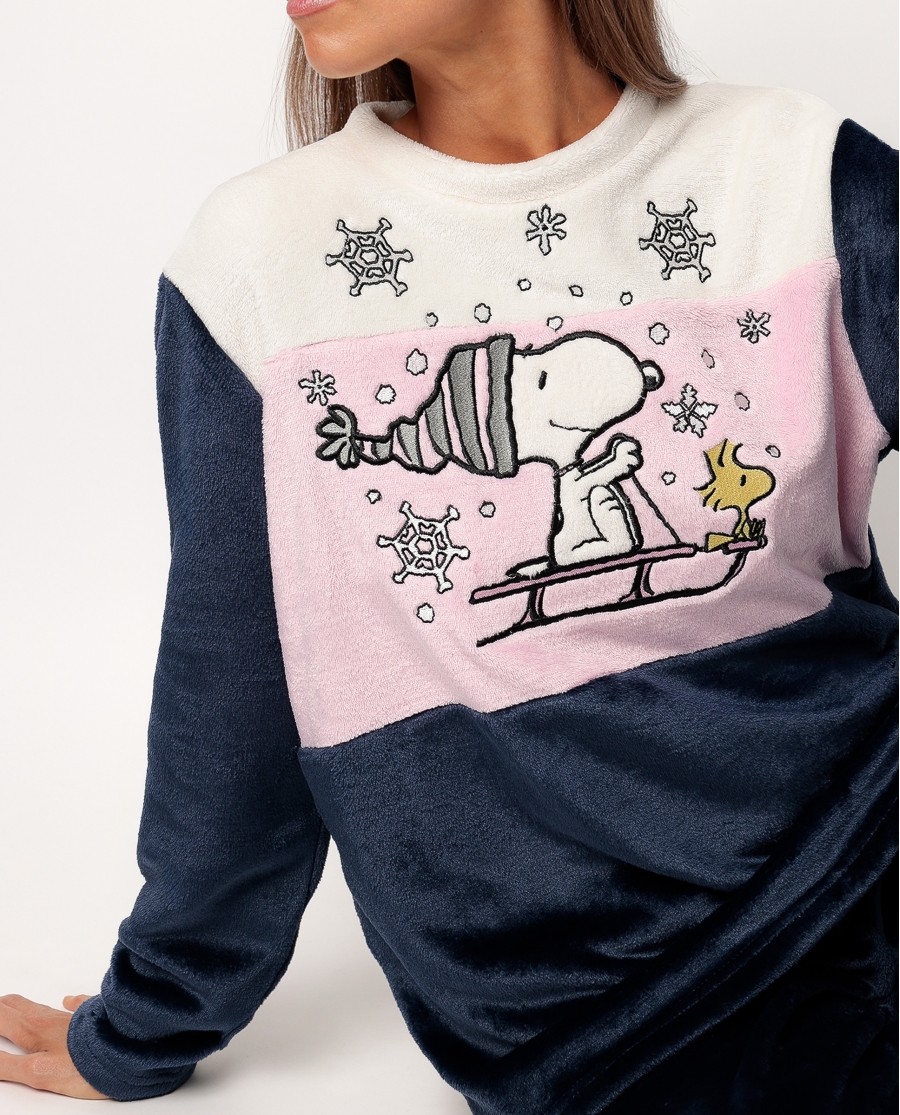 PEANUTS Pijama Manga Larga Calentito Snow Drift para Mujer AZUL