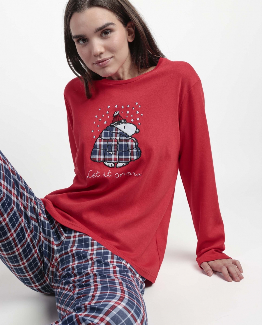 PEANUTS Pijama Manga Larga Let It Snow para Mujer ROJO