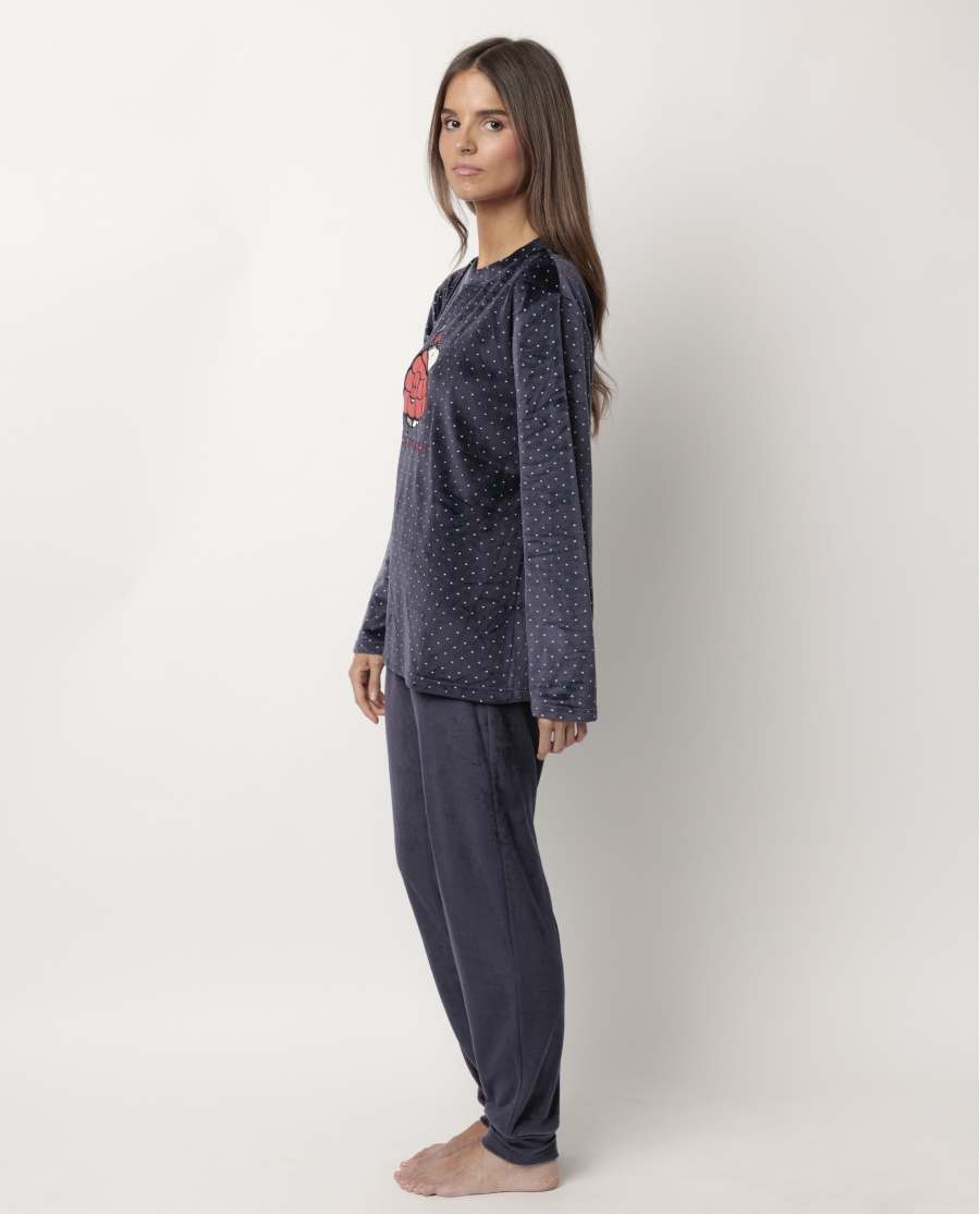 PEANUTS Pijama Manga Larga Terciopelo Let It Snow para Mujer MARINO