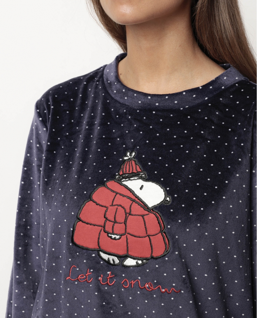 PEANUTS Pijama Manga Larga Terciopelo Let It Snow para Mujer MARINO