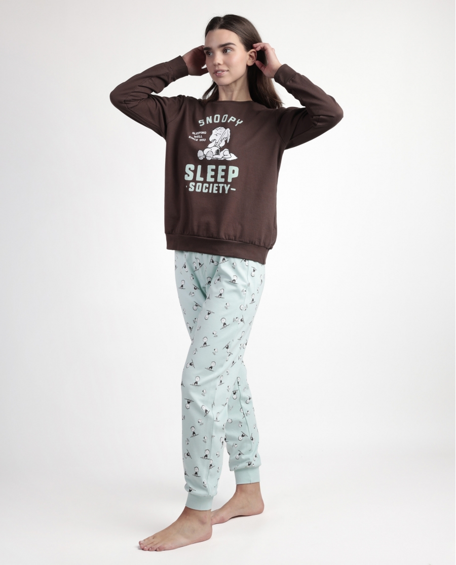 PEANUTS Pijama Manga Larga Felpa Sleep Society para Mujer CHOCOLATE