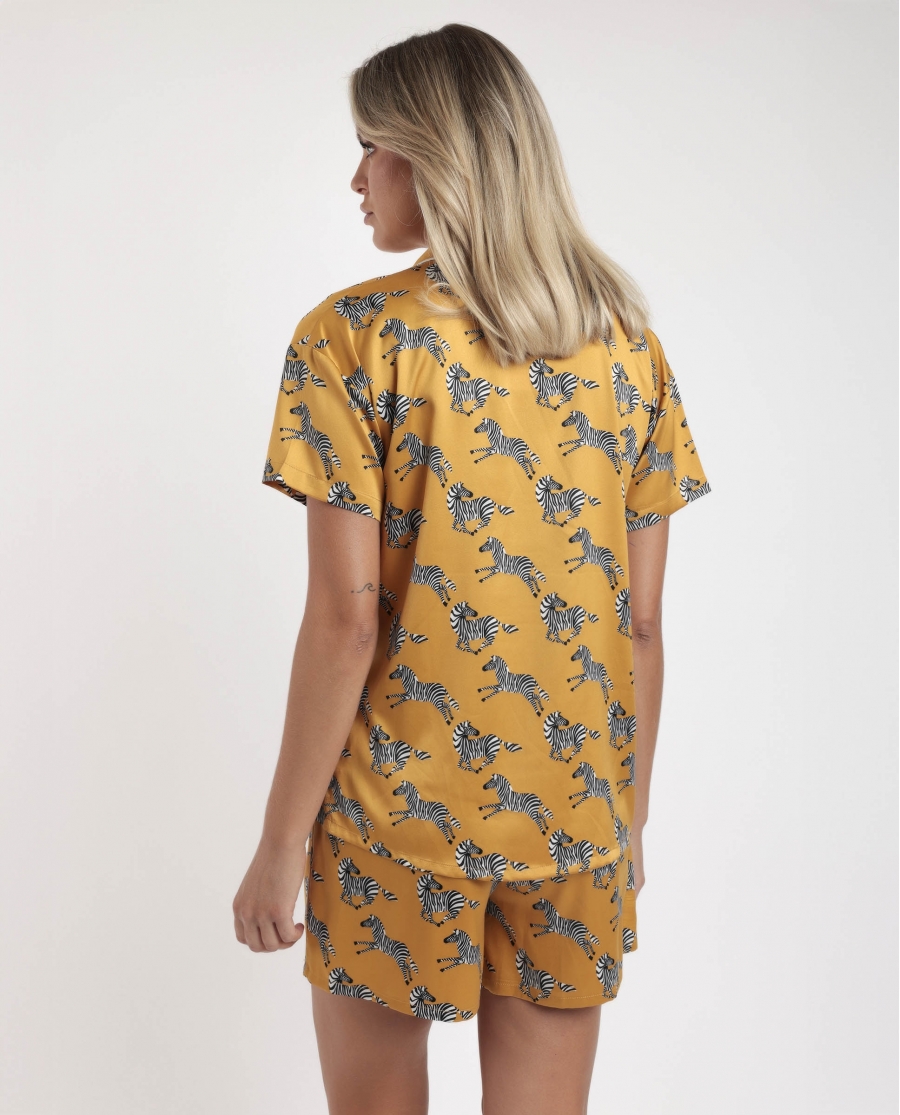 ADMAS LUXURY Pijama Abierto Manga Corta Zebra Gold para Mujer OCRE