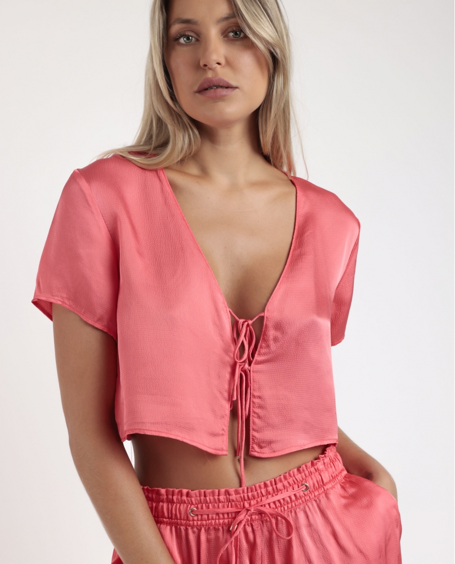 ADMAS LUXURY Pijama Abierto Lazos Manga Corta Generals para Mujer ROSA